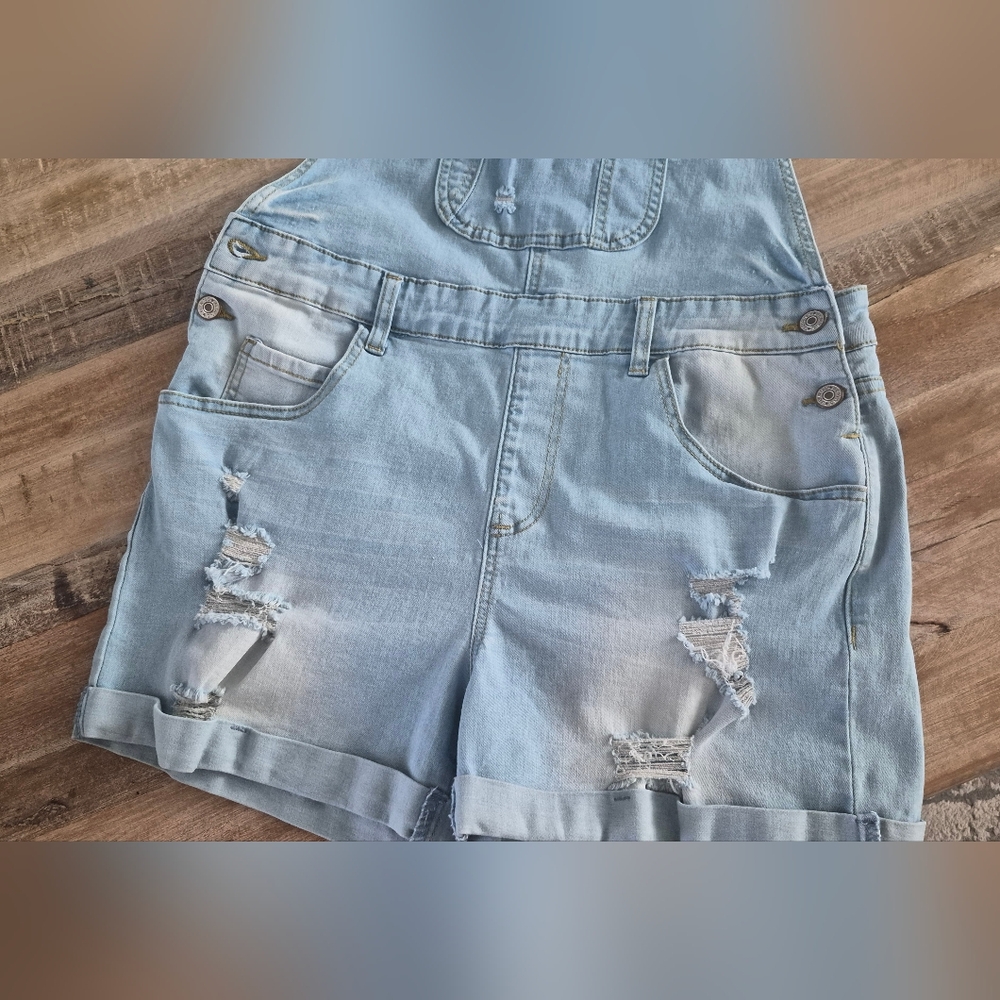 Light Blue Denim Overalls Shorts Size M/ L Destressed Y2k - Picture 7 of 11